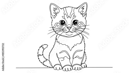 High-quality black continuous line art of baby kitten sitting with oversized eyes and curled tail, cute pet, minimalist animal illustration