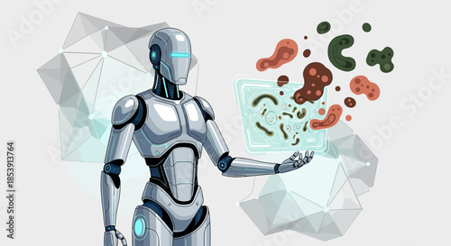 Futuristic robot examining microorganisms, merging artificial intelligence with biology for