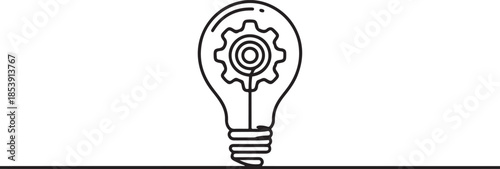 One single line drawing of lightbulb with metal gear wheel inside for machine company logo identity. Creative automotive workshop icon concept. one line Icon drawing