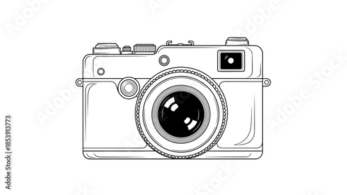 A detailed black and white line art illustration of a vintage compact film camera from a front perspective.