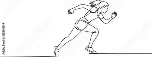 One continuous line drawing of young woman athlete runner focus sprint run. Individual sport, competitive concept. Dynamic single line draw design. one line Icon drawing