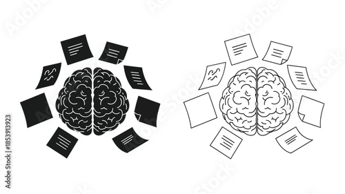 Brain surrounded by papers and documents concept of thinking and learning