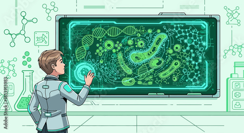 Futuristic scientist interacting with a molecular data interface in a lab environment