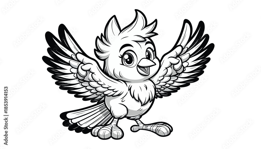 Fototapeta premium Vector illustration of cartoon House sparrow waving wing greeting black and white drawing For children to learn to color according to the picture.