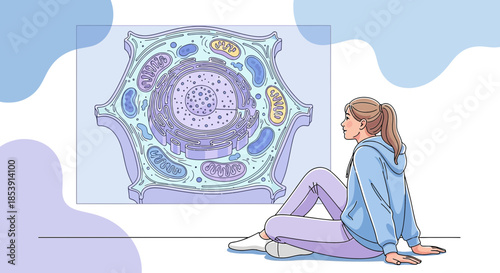 Girl observing detailed cell structure illustration, emphasizing science education and biology