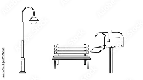 Line art illustration of common urban elements including a street lamp, a park bench, and a traditional mailbox, isolated on white.