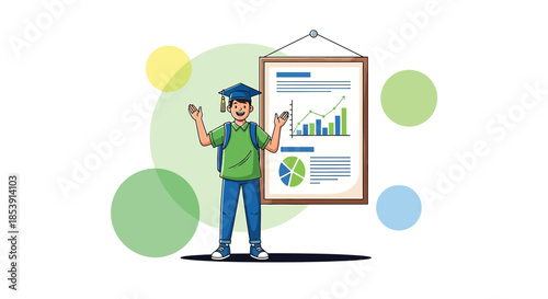 Graduate student enthusiastically presenting financial data and market trends with a hopeful