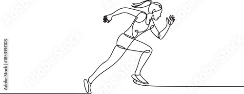 One continuous line drawing of young woman athlete runner focus sprint run. Individual sport, competitive concept. Dynamic single line draw design. one line Icon drawing