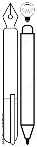 Creativity, innovation, writing tools, design inspiration, idea generation, education. Fountain pen beside a stylus with a light bulb icon. Creativity and idea generation concept