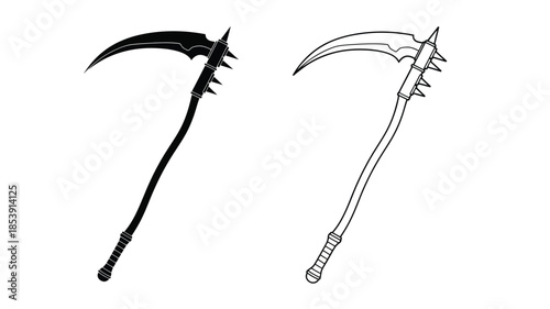 Two menacing scythes depicted in black and white line art illustration
