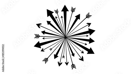 Numerous black arrows radiating outwards from a central point, symbolizing divergence, multiple paths, or a complex decision.