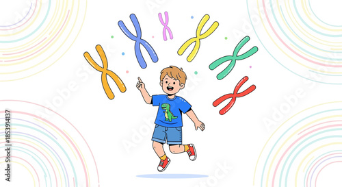 Illustrated depiction of a boy joyfully interacting with colorful genetic chromosomes in an