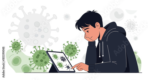 Illustrated student studying viral structures, engaged in digital learning on pandemic data