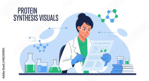 Illustration depicting a scientist analyzing protein synthesis data with scientific equipment in a
