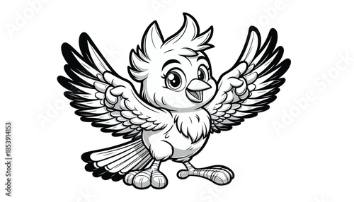 Vector illustration of cartoon House sparrow waving wing greeting black and white drawing For children to learn to color according to the picture.