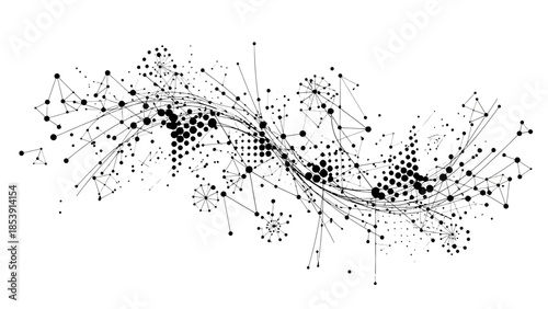 Dynamic abstract illustration of a sprawling digital network, showcasing interconnected nodes, lines, and halftone patterns in a monochrome palette.