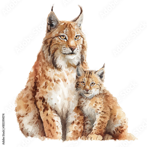 Watercolor illustration of Lynx With Its Baby, vector artwork, isolated on white background.