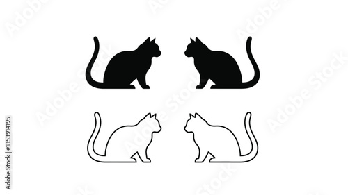Silhouette depictions of cats in two different styles outlined and solid