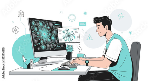 Illustration of a data scientist working on complex algorithms and visualizations with focus on