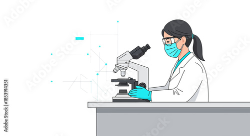 Illustration of a female scientist using a microscope in a laboratory environment