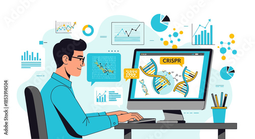 Illustration of a scientist working on CRISPR technology with data visualizations around him