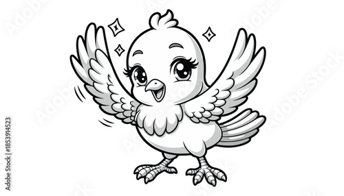 Vector illustration of cartoon House sparrow waving wing greeting black and white drawing For children to learn to color according to the picture.