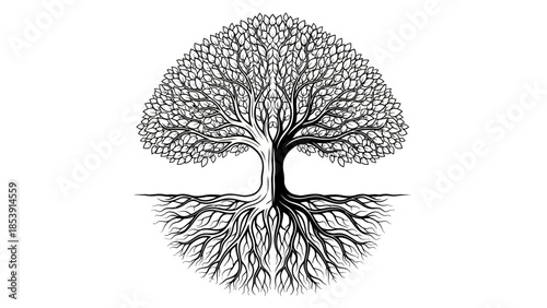 Detailed black and white illustration of a majestic tree with intricate roots and a full canopy, symbolizing life and balance.