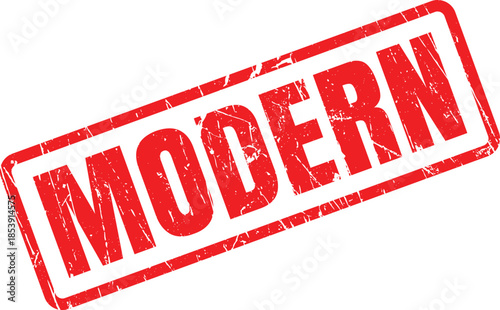 Bold red grunge rubber stamp mark with the word Modern clearly presented on a bright white backdrop