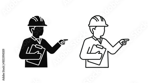 Construction worker silhouettes one solid one outlined both pointing and holding documents
