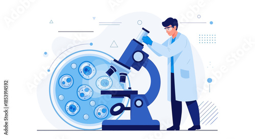 Illustration showcasing a researcher using a microscope to examine cells in a petri dish
