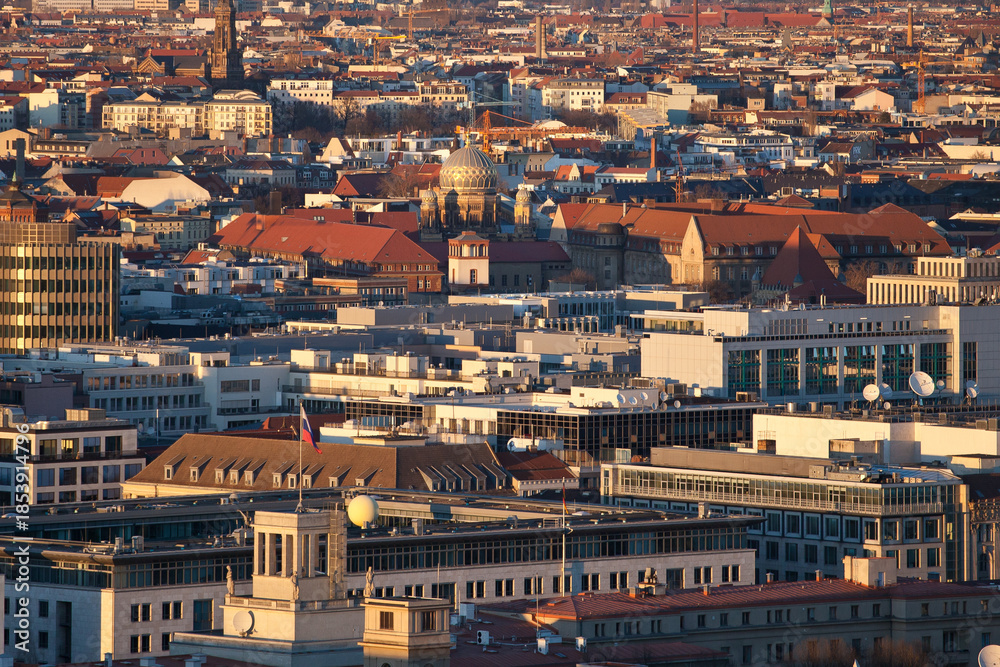 Fototapeta premium Dense Berlin Cityscape with Historic Rooftops in Warm Light