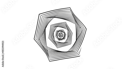 Abstract black and white geometric pattern of concentric rotating polygons creating a mesmerizing optical illusion.