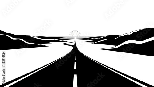 A minimalist black and white illustration of a long, winding road extending towards a distant sun on the horizon, flanked by rolling hills.