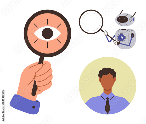 Hand holding magnifying glass with eye, AI robot examining with smaller lens, and professional avatar in formal attire. Ideal for teamwork, technology, research, innovation, AI vision analytics. A