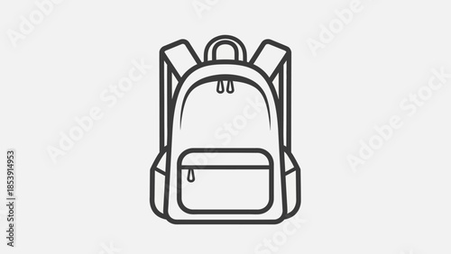 Simple line art illustration of a classic backpack, featuring a main compartment, front pocket, and shoulder straps.