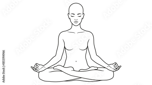 A minimalist line drawing of a person meditating in a serene lotus yoga pose with closed eyes, depicting tranquility and spiritual practice.