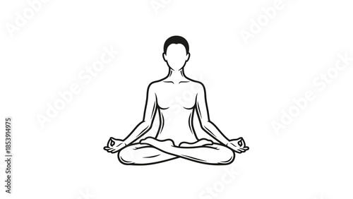 Minimalist black and white line art illustration of a person meditating in a peaceful lotus yoga pose.