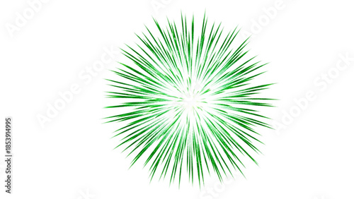Green starburst light explosion with sharp rays radiating from a central point creates a bright energy effect isolated on transparent background.