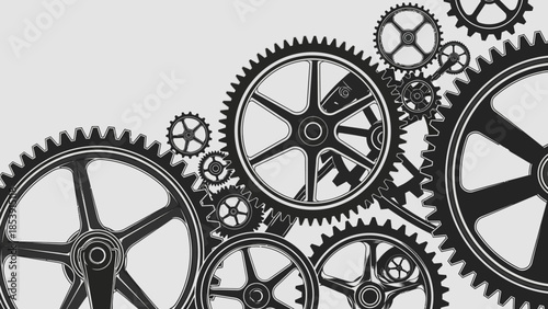 An intricate arrangement of interlocking gears of various sizes, depicted in monochrome, symbolizing connection, mechanism, and system.
