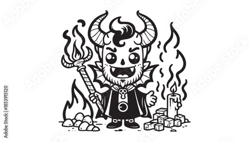 Vector illustration of cartoon halloween devil black and white drawing For children to learn to color according to the picture.