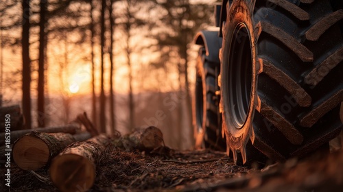 Tractor tire rests near logs in a forest during sunset. Sunlight shines through trees, creating shadows on the ground. The scene shows the end of a workday in nature