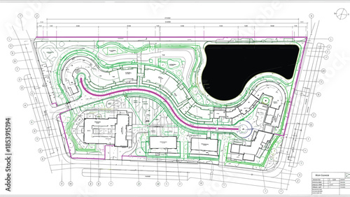 Urban landscape master plan blueprint illustrating site layout, buildings, roads, green spaces, and water features in detailed architectural planning drawing