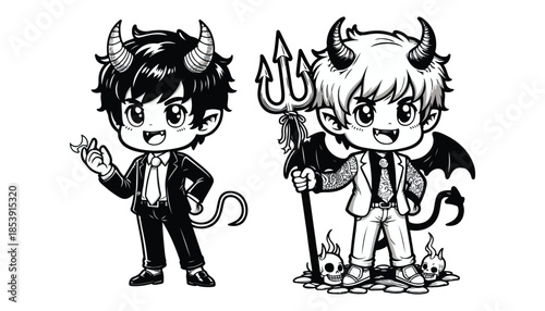 Vector illustration of cartoon child devil waving wing greeting black and white drawing For children to learn to color according to the picture.