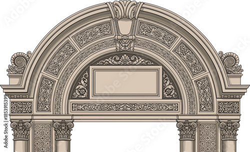Ornate classical architectural arch with intricate baroque floral carvings, decorative stonework illustration, vintage interior facade design isolated on white background