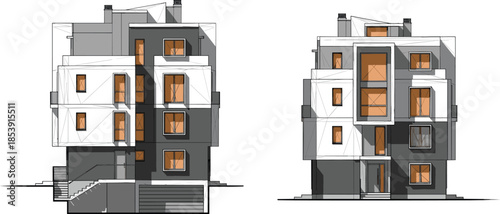 Modern apartment building facade elevation architectural illustration with geometric forms contemporary residential exterior design concept urban housing visualization
