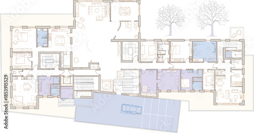 Modern residential floor plan blueprint with detailed room layouts, furniture placement, circulation zones, and landscape context in clean architectural illustration