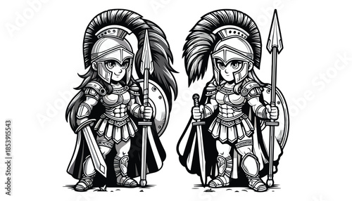 Vector illustration of cartoon spartan worrior black and white drawing For children to learn to color according to the picture.