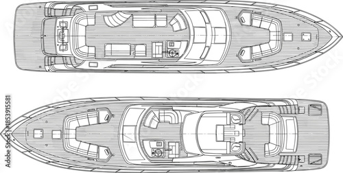 Luxury motor yacht deck plan blueprint showing top views with detailed seating, helm, and layout, marine engineering technical line art illustration