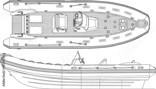 Rigid inflatable boat technical blueprint showing top and side views, detailed deck layout and hull design, marine engineering line art illustration