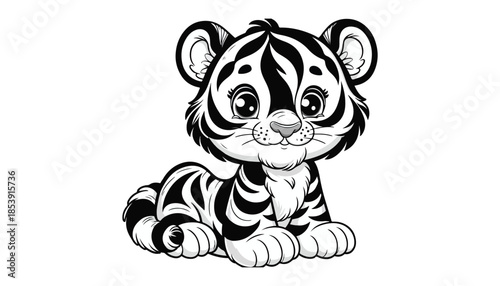 Vector illustration of cartoon tiger black and white drawing For children to learn to color according to the picture.